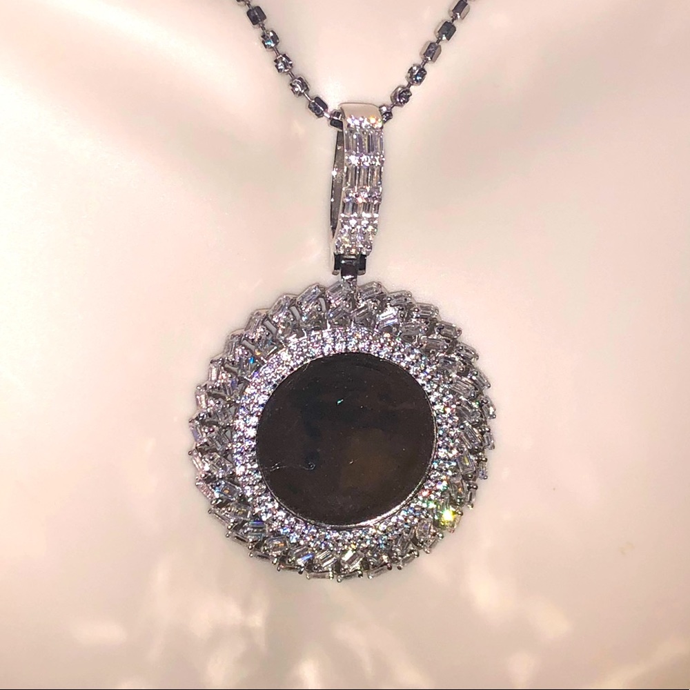 10k white gold vermeil, picture pendant, memorial charm, simulated diamonds, WOW